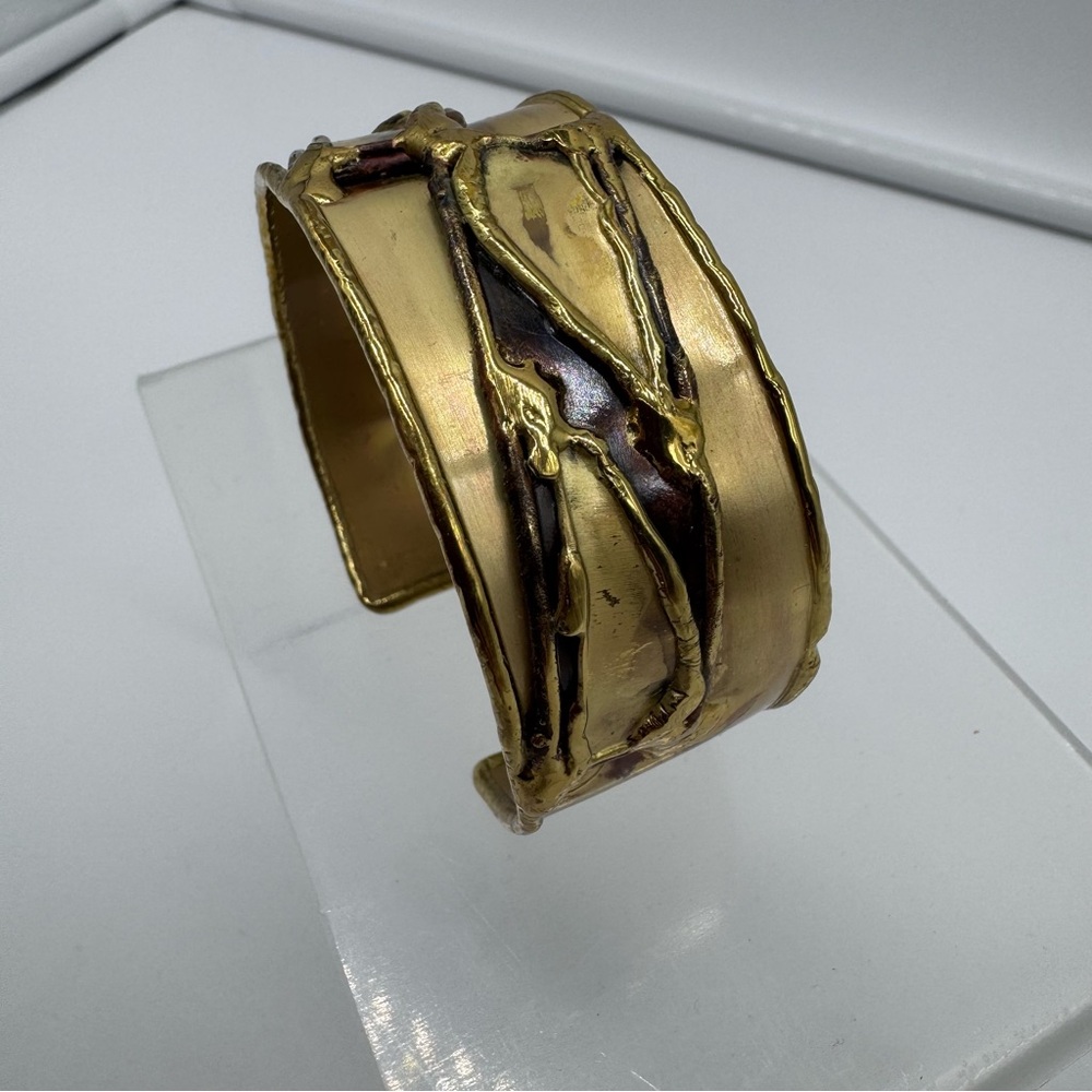 Vintage Brutalist Gold Tone Mixed Metal Wide Cuff Bracelet Statement